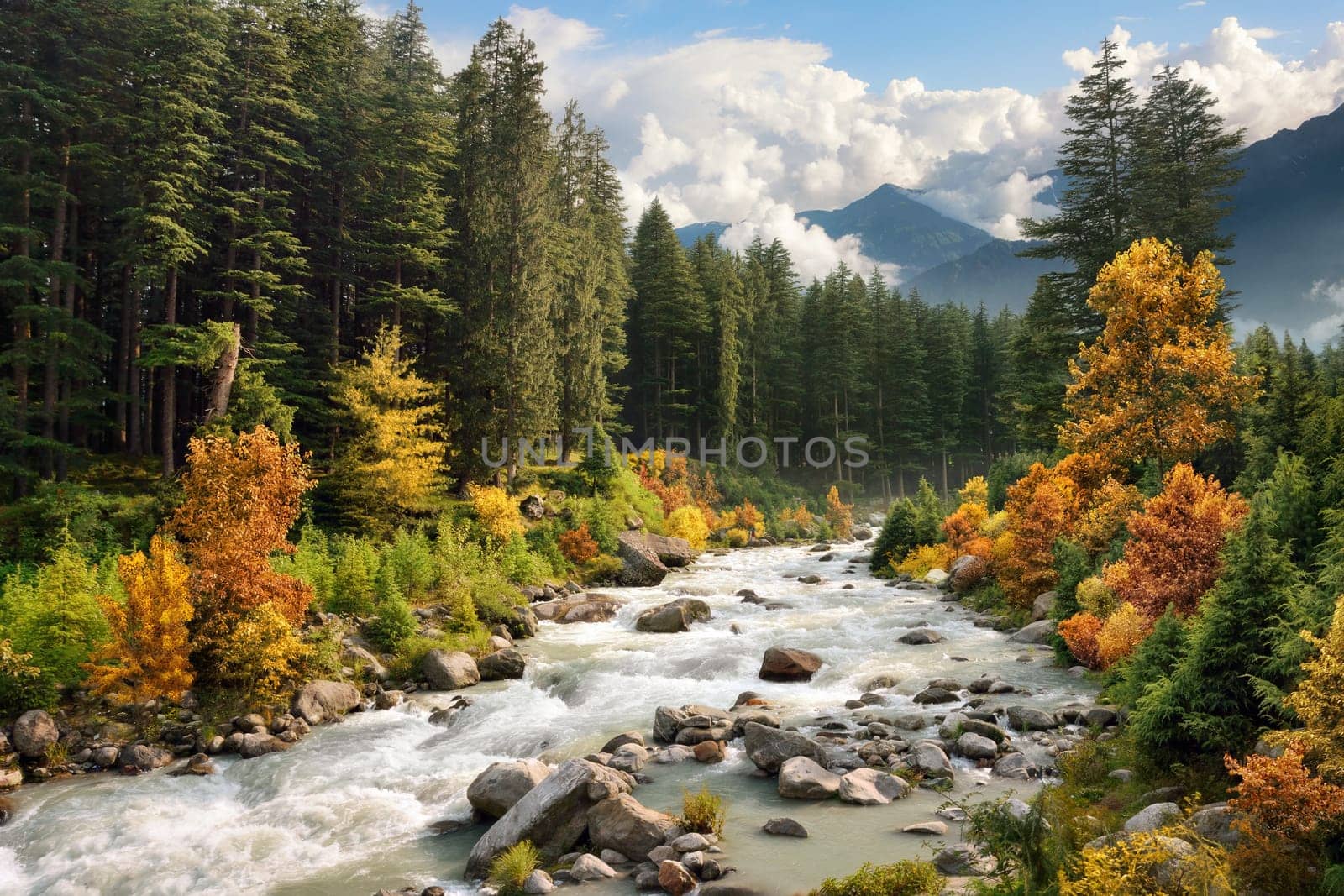 Mountain landscape with river,forest and mountains in autumn colours