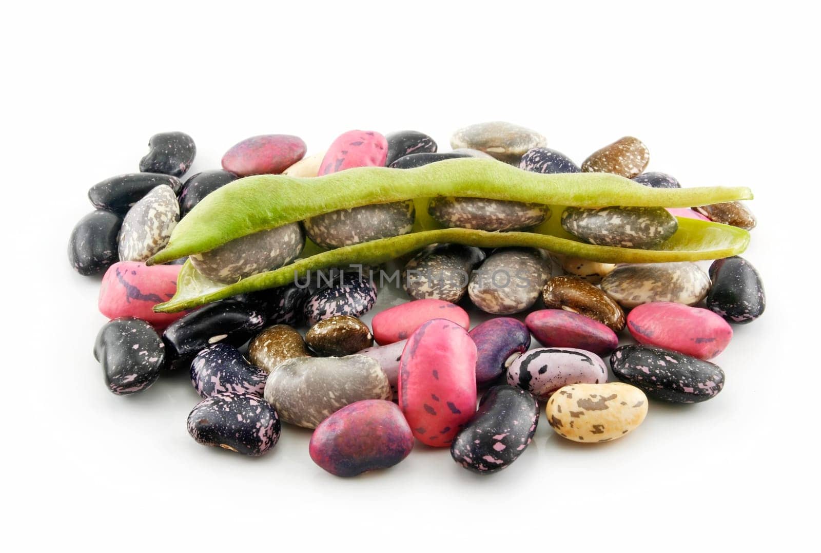 Ripe Haricot Beans with Seed and Leaves Isolated on White Background