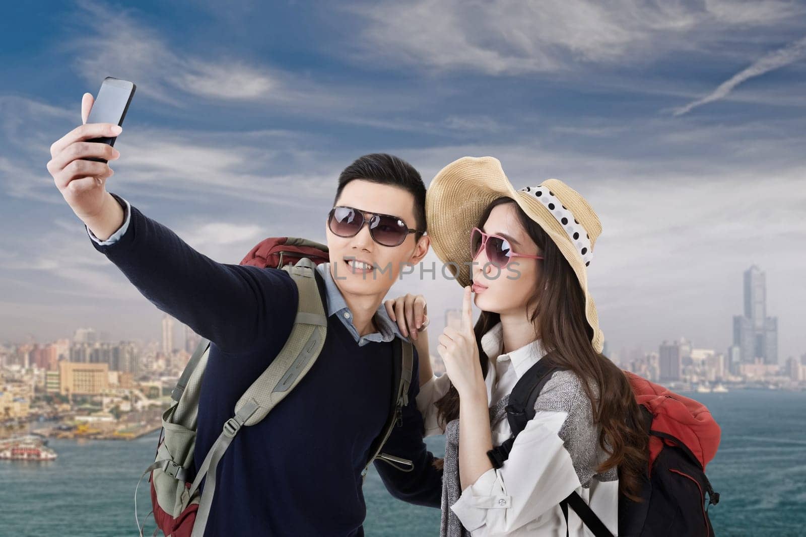 Asian couple travel and selfie in Kaohsiung, Taiwan, Asia.