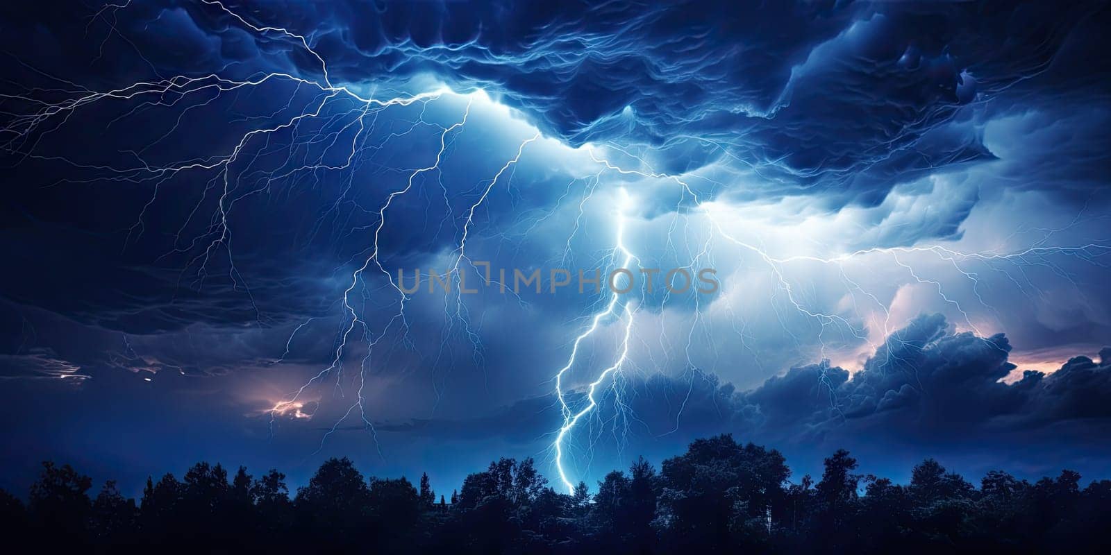 Bright lightning that lit up the dark night sky during an electrical storm. Thunderstorm concept by Generative AI by wichayada