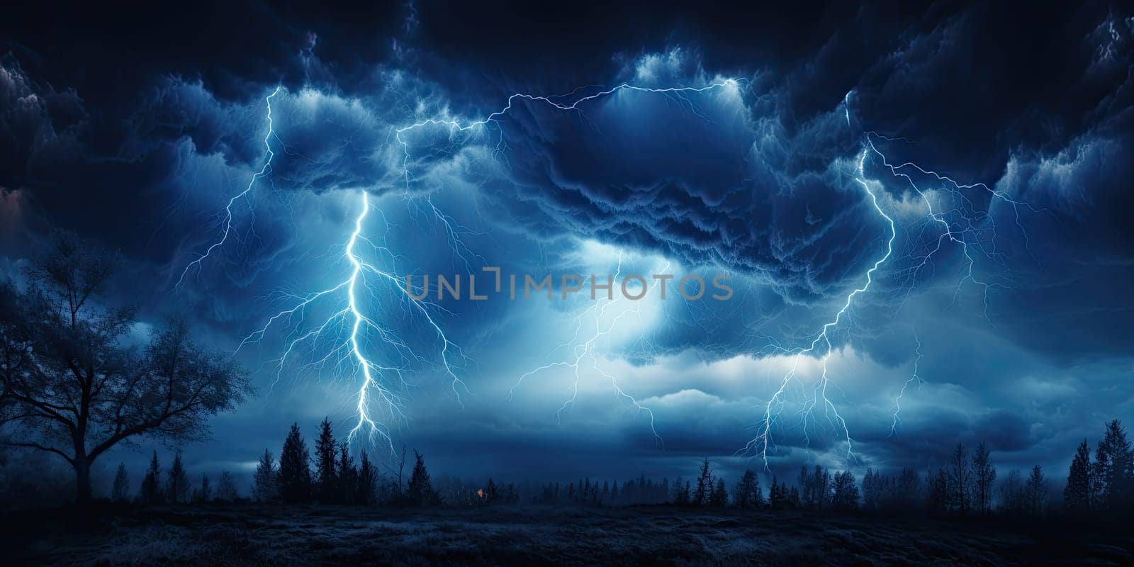 Bright lightning that lit up the dark night sky during an electrical storm. Thunderstorm concept by Generative AI.