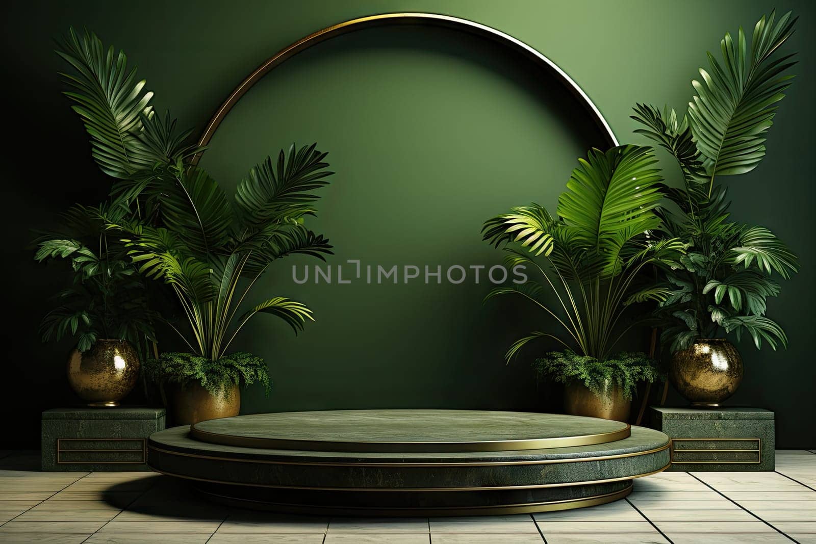 3D render of green background with tropical leaves and podiums, 8k by Generative AI by wichayada