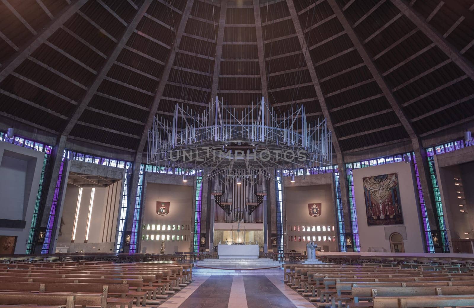 Liverpool, UK - Oct 08, 2023 - Architecture interior design of Liverpool metropolitan cathedral. Is the seat of the Archbishop of Liverpool, The roman catholic archdiocese, Christ the king, Space for text, Selective focus.