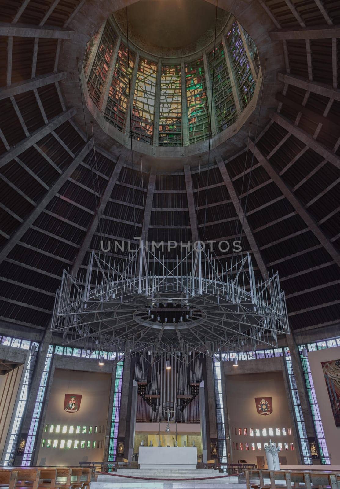 Liverpool, UK - Oct 08, 2023 - Architecture interior design of Liverpool metropolitan cathedral. Is the seat of the Archbishop of Liverpool, The roman catholic archdiocese, Christ the king, Space for text, Selective focus.