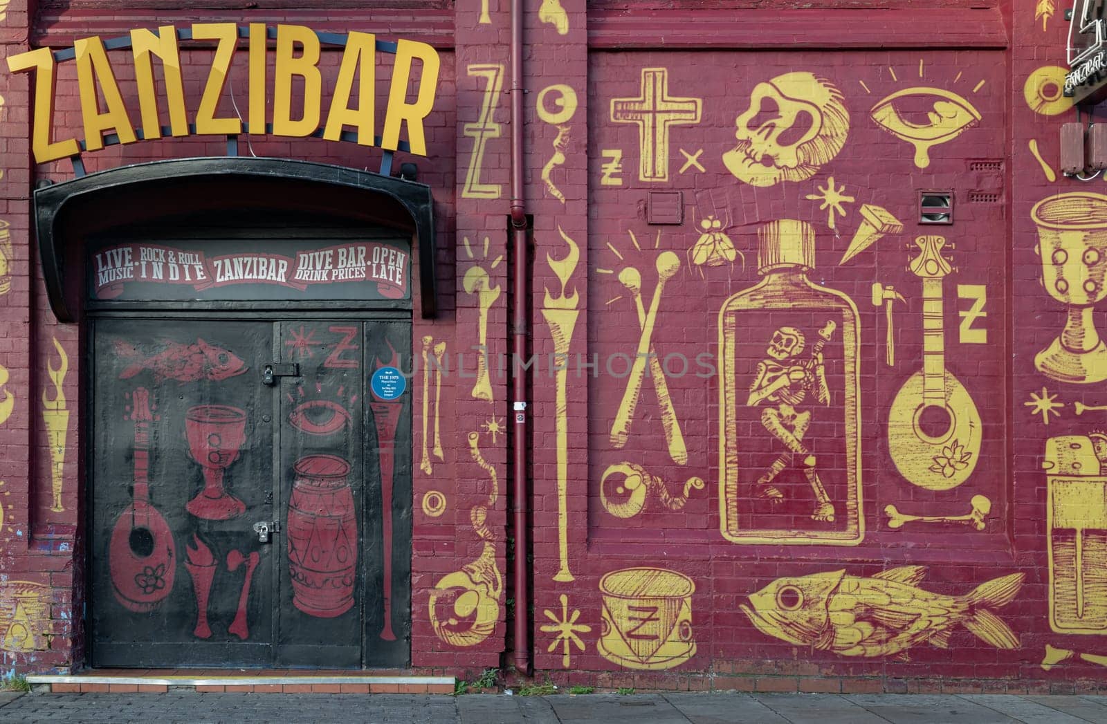Liverpool, UK - Oct 09, 2023 - Exterior of the Zanzibar club and bar in Seel Street. Beautiful of the colorful facade that catches the eye, One of Liverpool’s best bars, Space for text, Selective focus.
