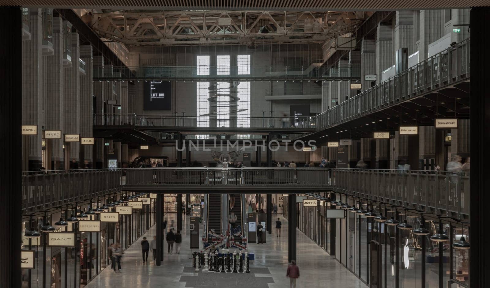 London, UK - Oct 13, 2023 - Interior of New Battersea Power Station: The art deco monolith set to be London's flashiest shopping mall. The iconic London landmark building, Leisure destination, Space for text, Selective focus.
