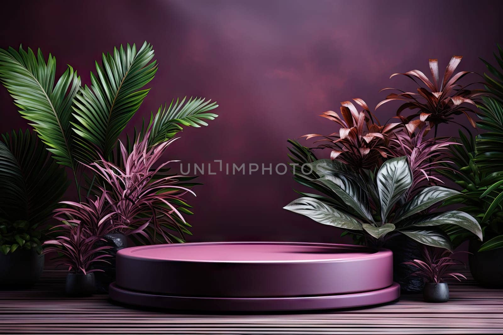 3D render of purple background with tropical leaves and podiums, 8k by Generative AI.