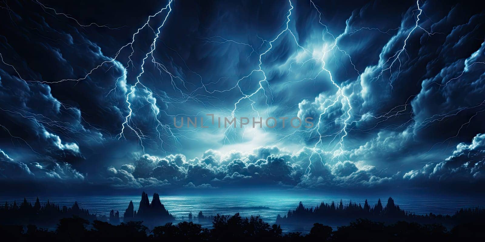 Bright lightning that lit up the dark night sky during an electrical storm. Thunderstorm concept by Generative AI.