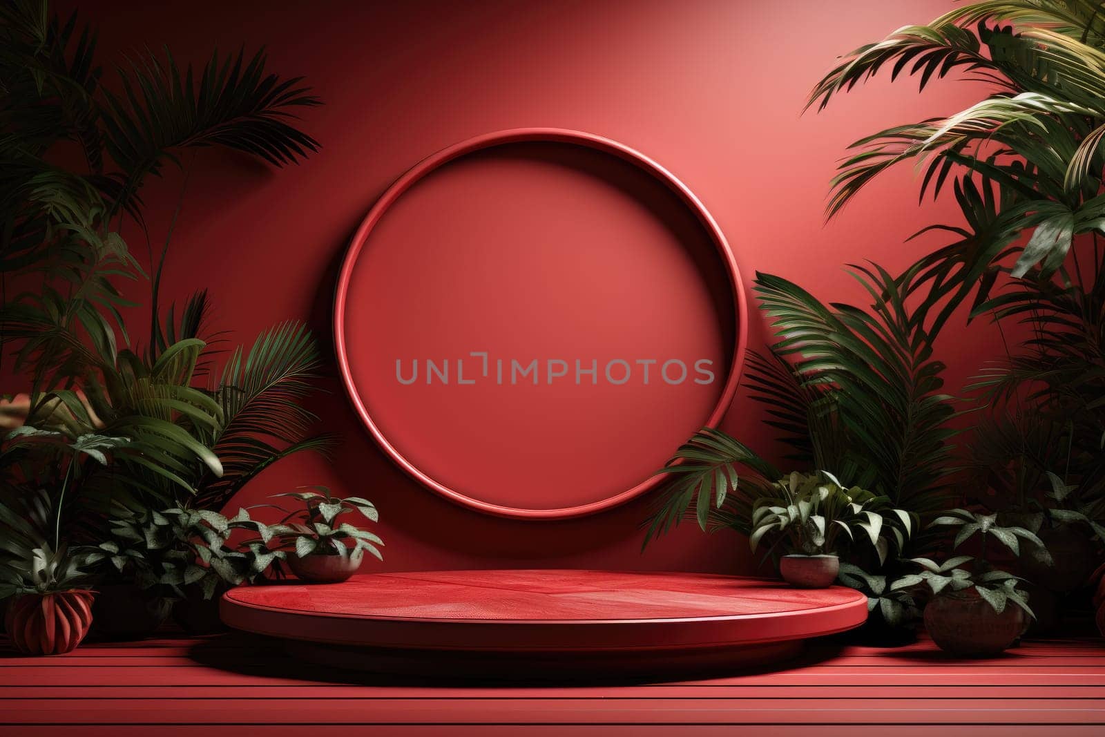 3D render of red background with tropical leaves and podiums, 8k by Generative AI.