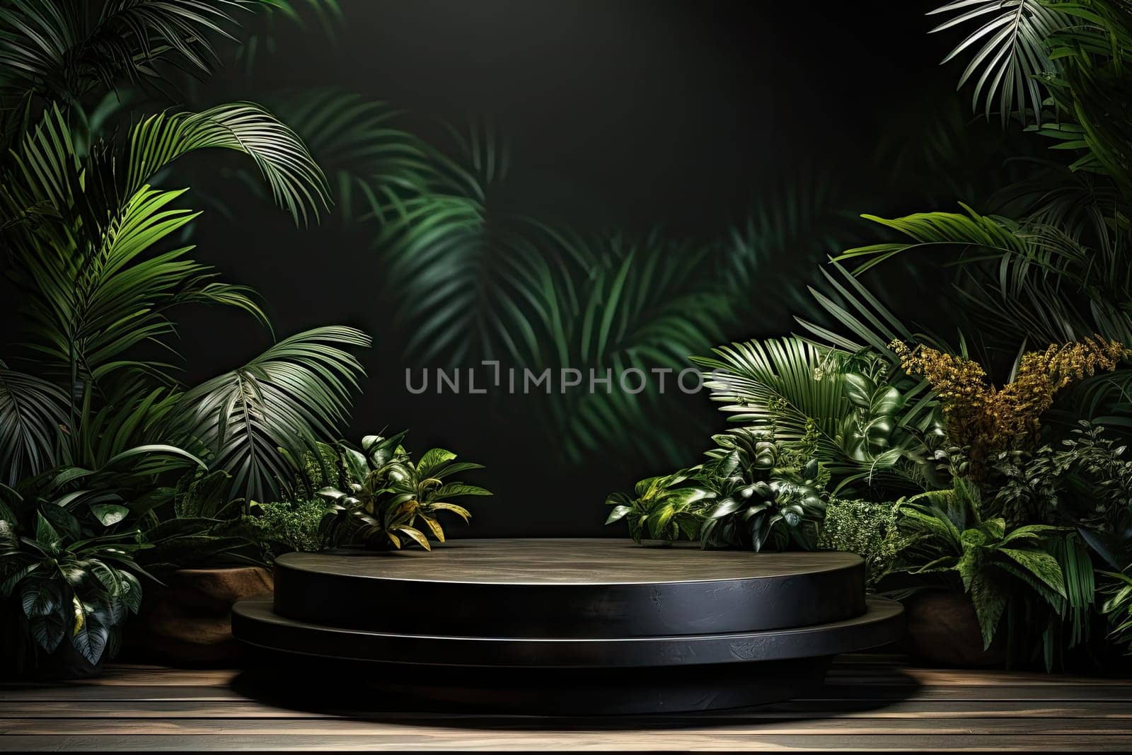 3D render of black background with tropical leaves and podiums, 8k by Generative AI by wichayada