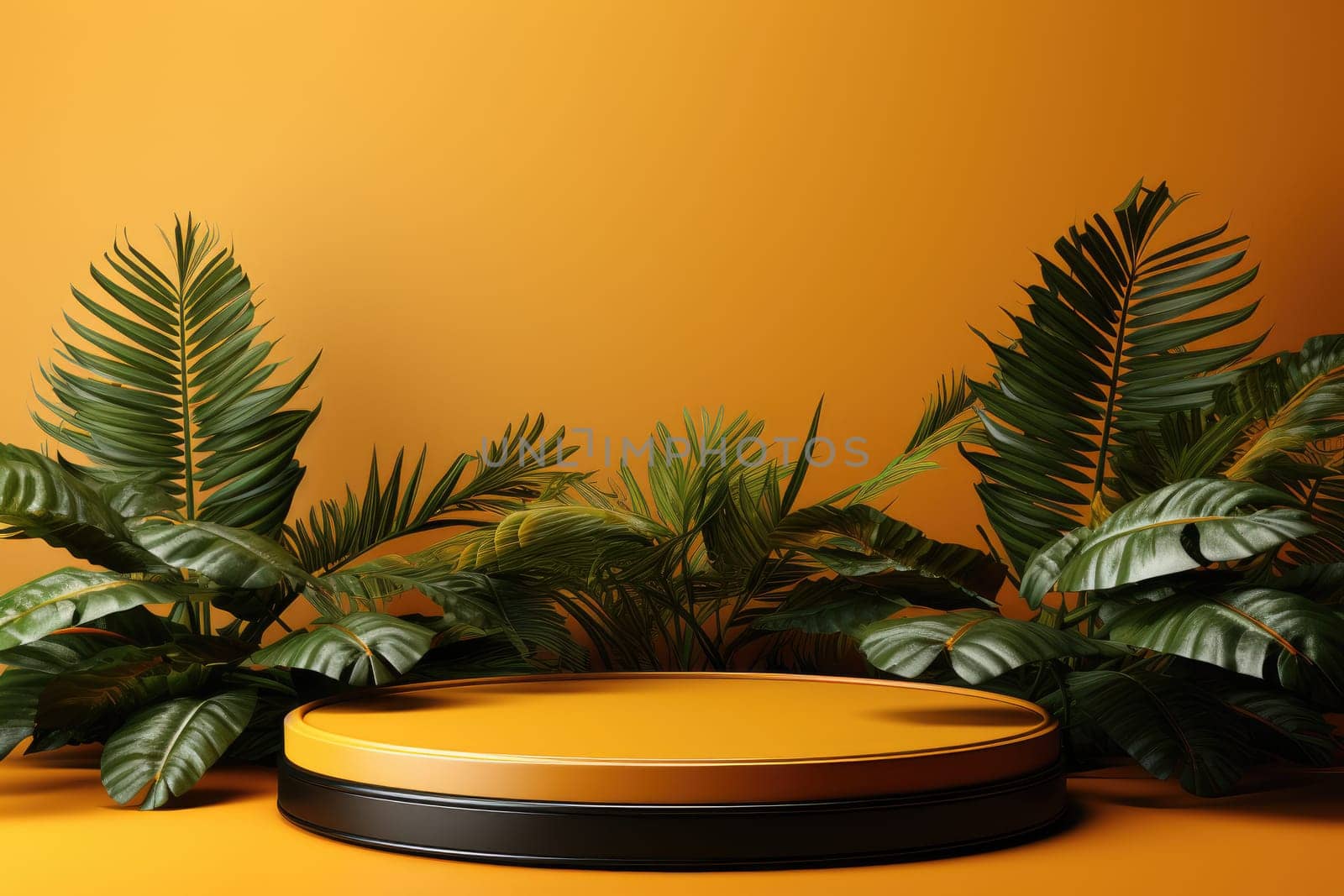 3D render of yellow background with tropical leaves and podiums, 8k by Generative AI.