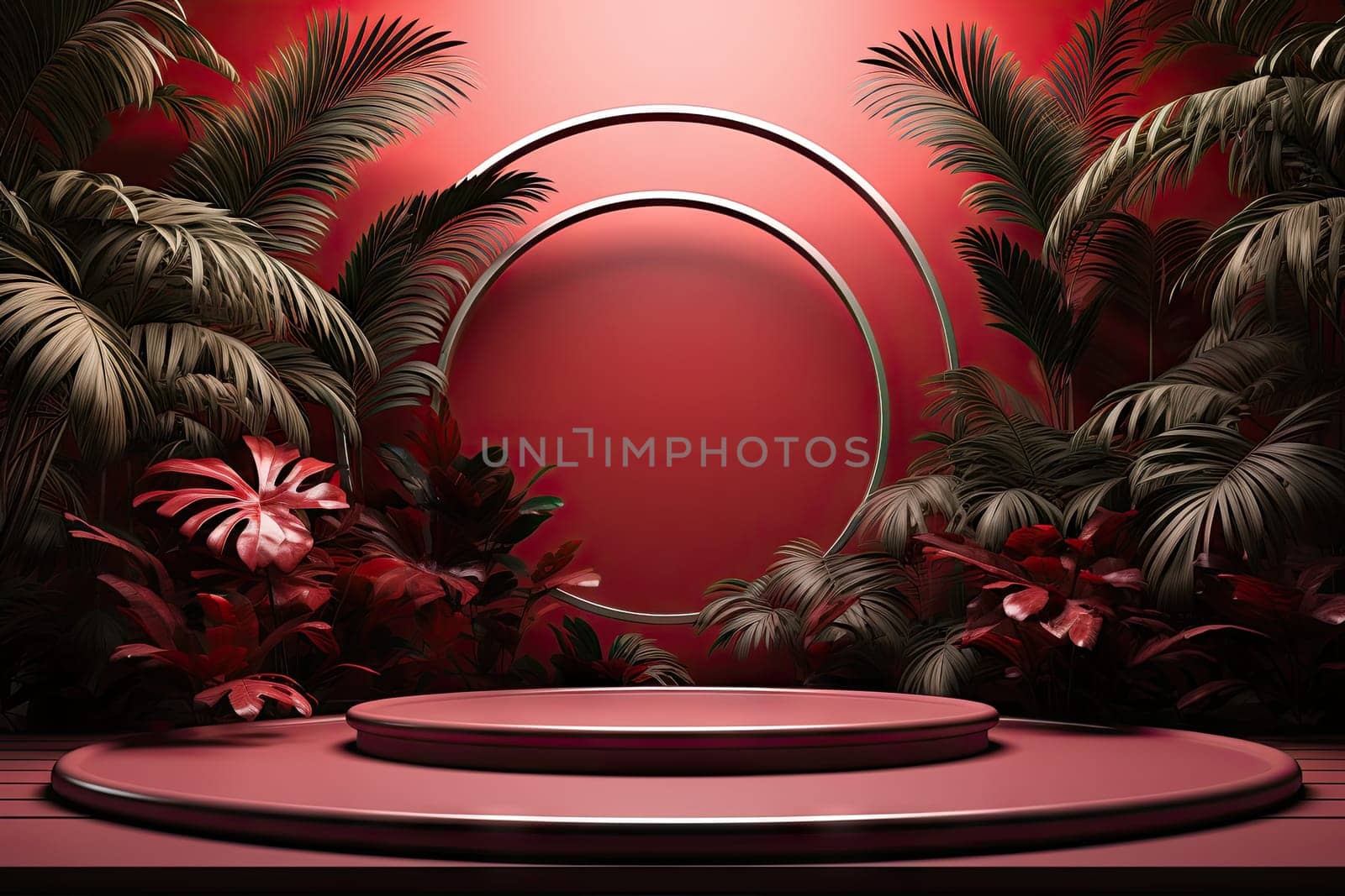 3D render of red background with tropical leaves and podiums, 8k by Generative AI by wichayada