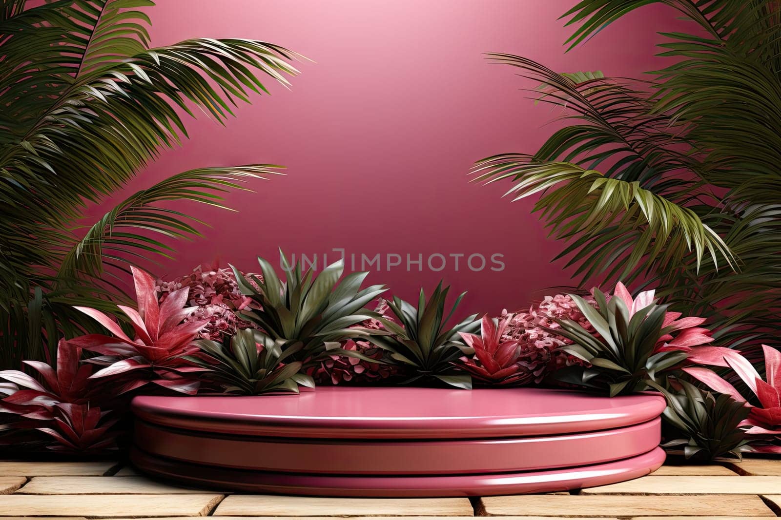 3D render of pink background with tropical leaves and podiums, 8k by Generative AI.