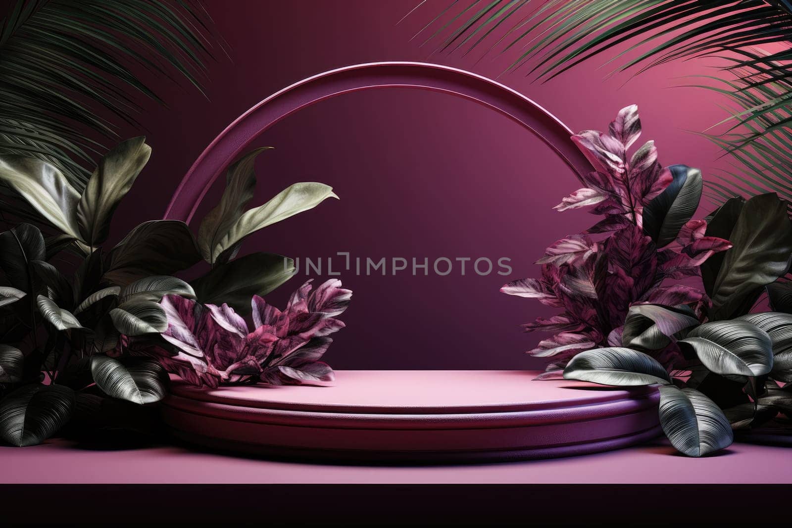 3D render of purple background with tropical leaves and podiums, 8k by Generative AI.