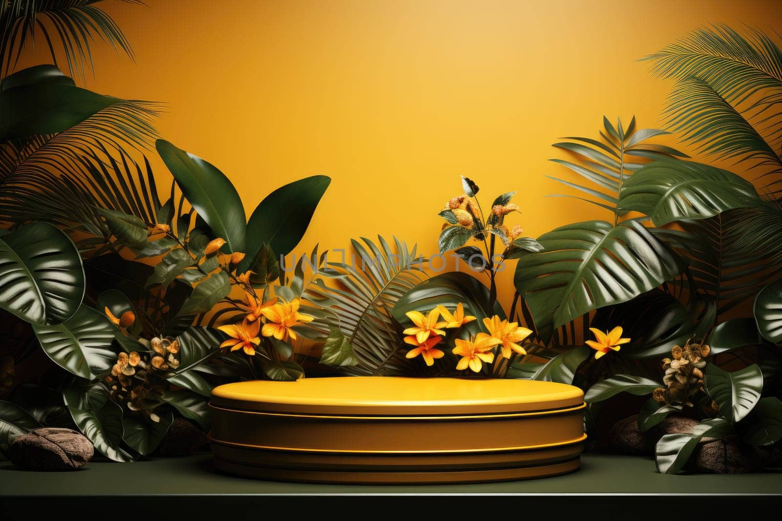 3D render of yellow background with tropical leaves and podiums, 8k by Generative AI.