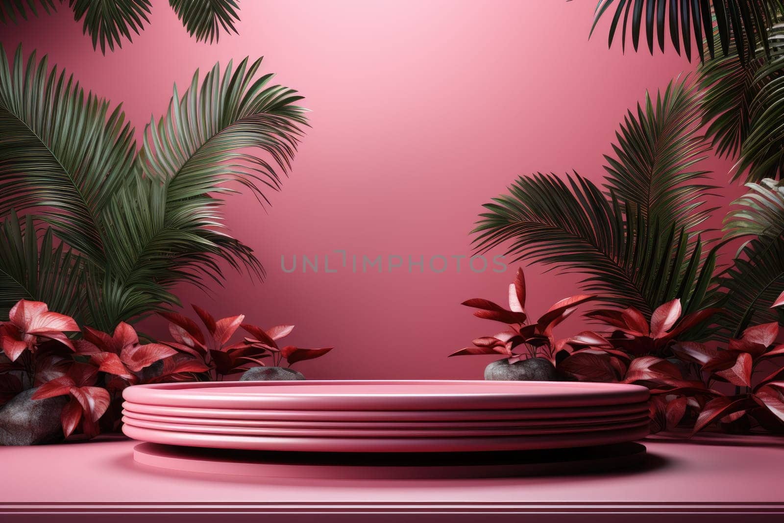 3D render of pink background with tropical leaves and podiums, 8k by Generative AI by wichayada