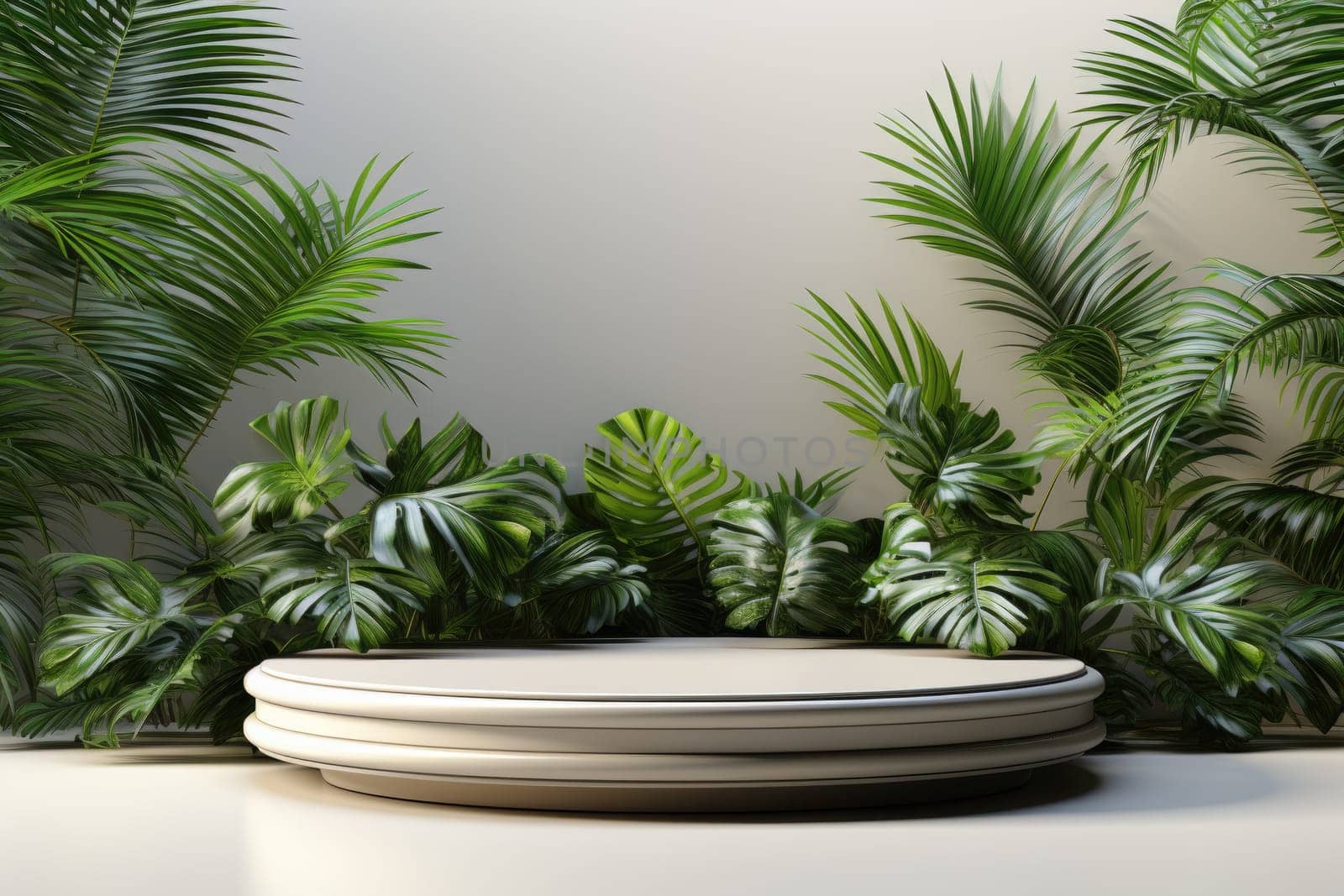 3D render of white background with tropical leaves and podiums, 8k by Generative AI by wichayada