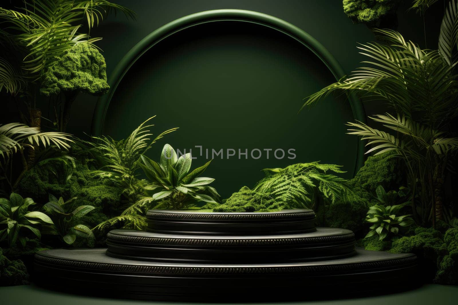 3D render of green background with tropical leaves and podiums, 8k by Generative AI.