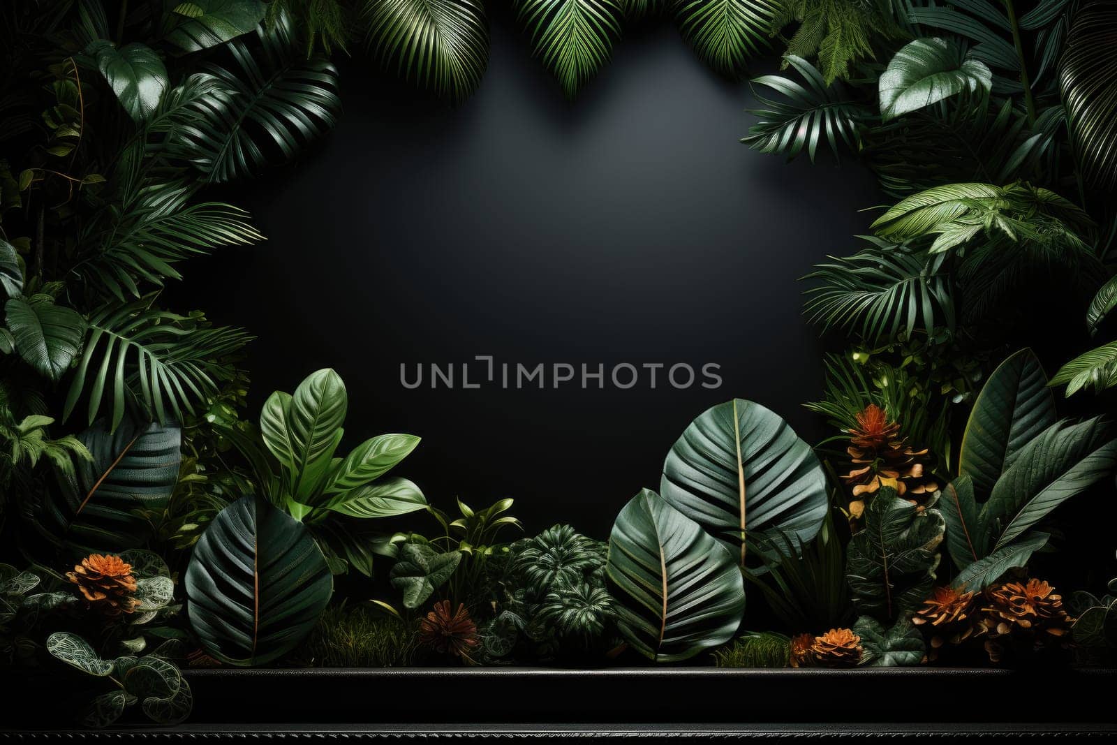 3D render of black background with tropical leaves and podiums, 8k by Generative AI by wichayada