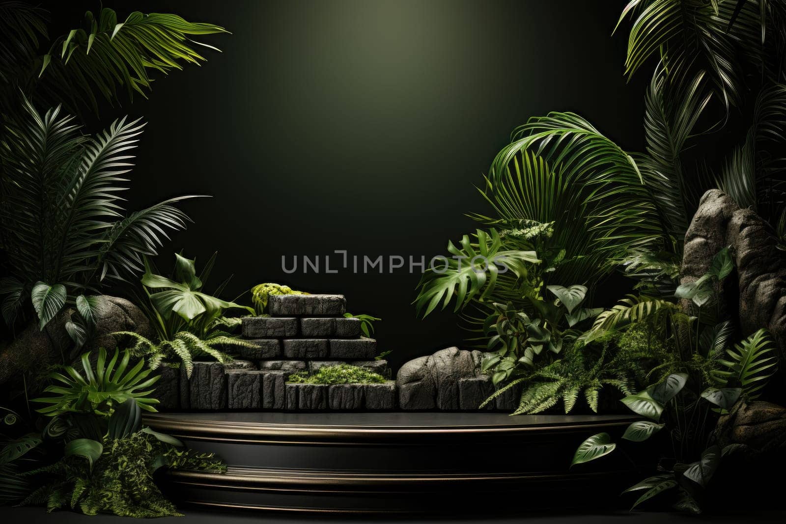 3D render of black background with tropical leaves and podiums, 8k by Generative AI.
