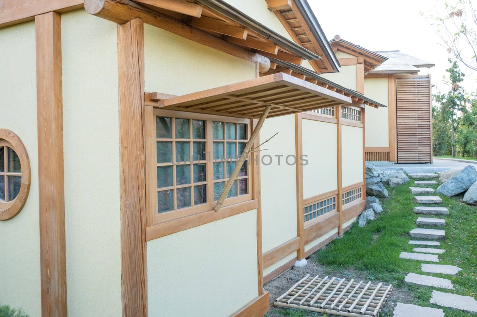 closeup of traditional wooden Japanese house outdoors