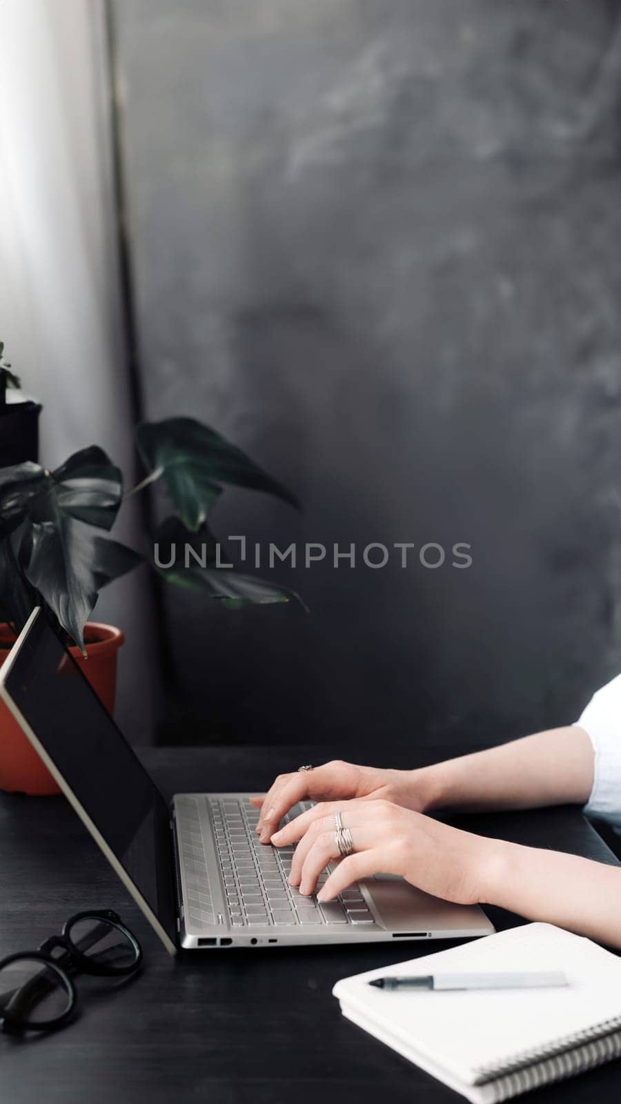 Productive Woman. Typing on Keyboard for Online Learning, Internet Marketing, Freelance, and Home Office. Close-Up of Woman's Hands Typing on Computer Keyboard, Work from Home, Office Workspace