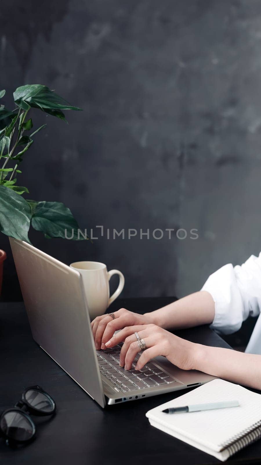 Close-Up of Woman's Hands Typing on Laptop. Online Learning, Internet Marketing, Work from Home, Freelance, Office Workplace Concept. Woman hands typing on computer keyboard closeup.