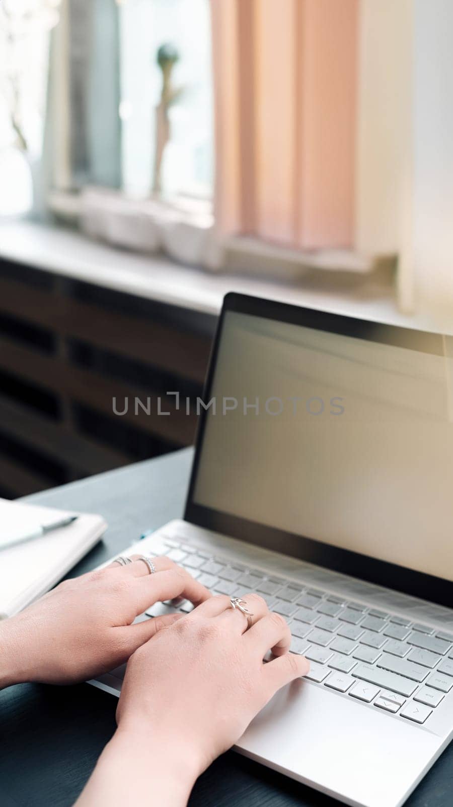 Young Woman with Laptop Mockup. Business, Freelance, Student Life, E-Learning, Technology, Online Shopping Woman using laptop computer with empty blank mockup screen. Business woman working in office.