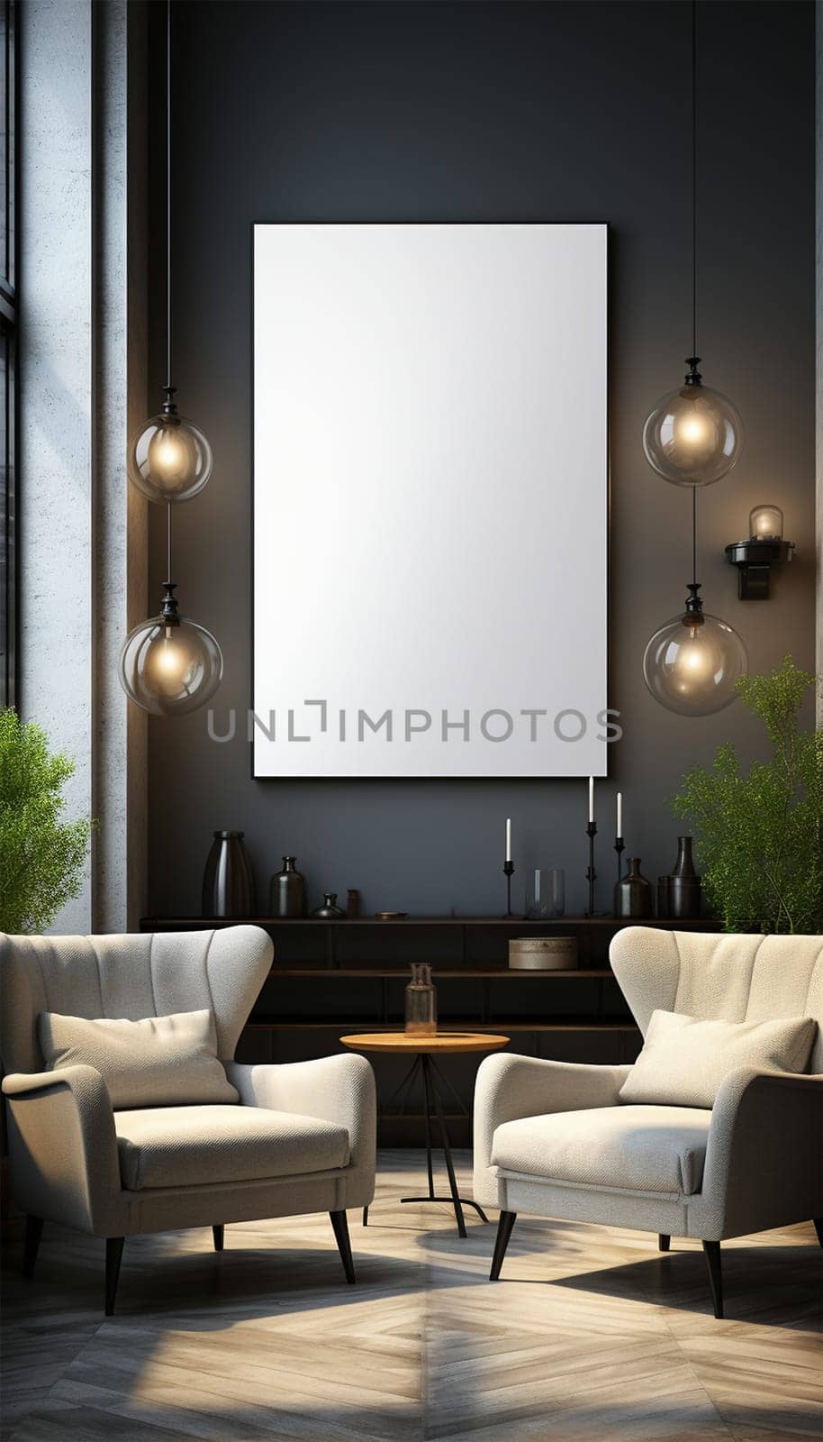 Sitting area Modern living room Mockup poster frame on the wall, a stylish sofa in Scandinavian Livingroom, 3d rendering, 3d illustration copy space. Stylish interior design Space for text