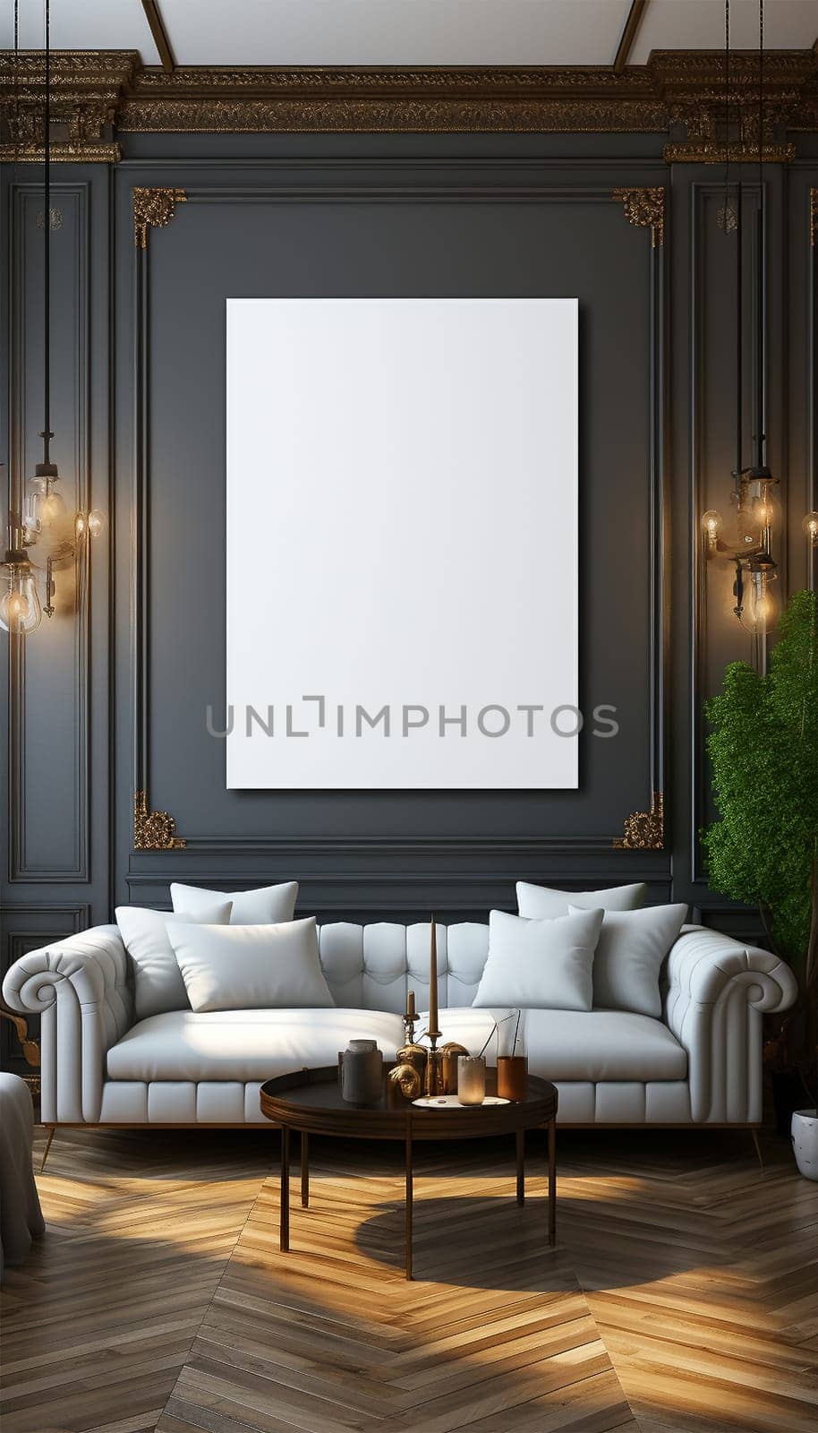 Sitting area Modern living room Mockup poster frame on the wall, a stylish sofa in Scandinavian Livingroom, 3d rendering, 3d illustration copy space. Stylish interior design Space for text