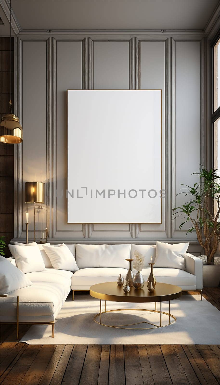 Sitting area Modern living room Mockup poster frame on the wall, a stylish sofa in Scandinavian Livingroom, 3d rendering, 3d illustration copy space. Stylish interior design Space for text