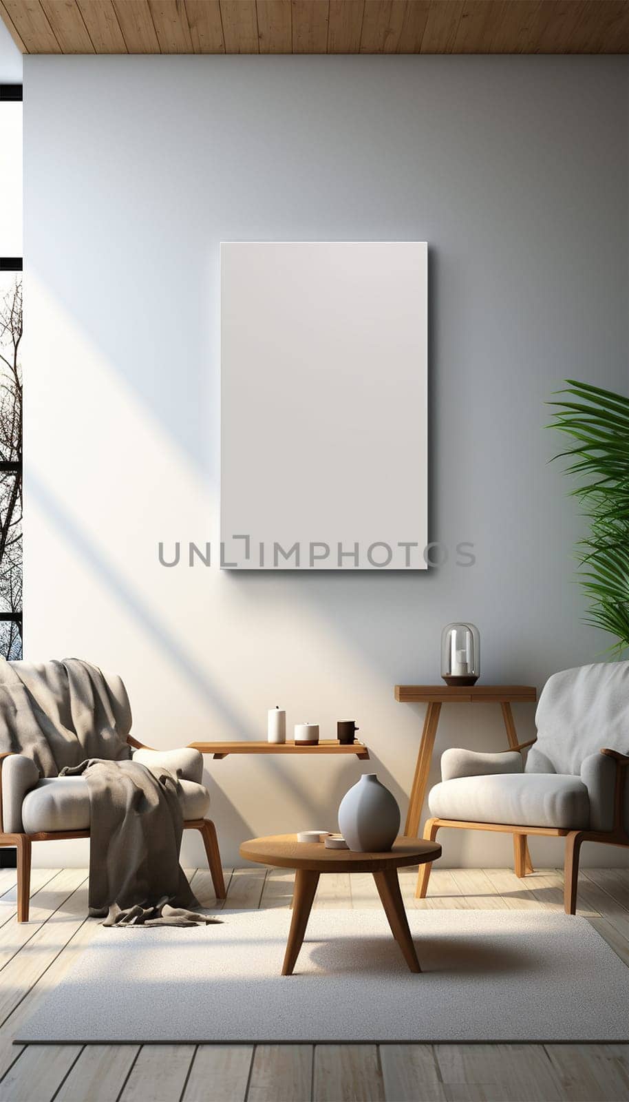 Sitting area Modern living room Mockup poster frame on the wall, a stylish sofa in Scandinavian Livingroom, 3d rendering, 3d illustration copy space. Stylish interior design Space for text