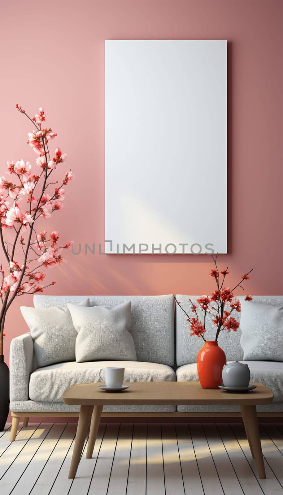 Sitting area Modern living room Mockup poster frame on the wall, a stylish sofa in Scandinavian Livingroom, 3d rendering, 3d illustration copy space. Stylish interior design Space for text