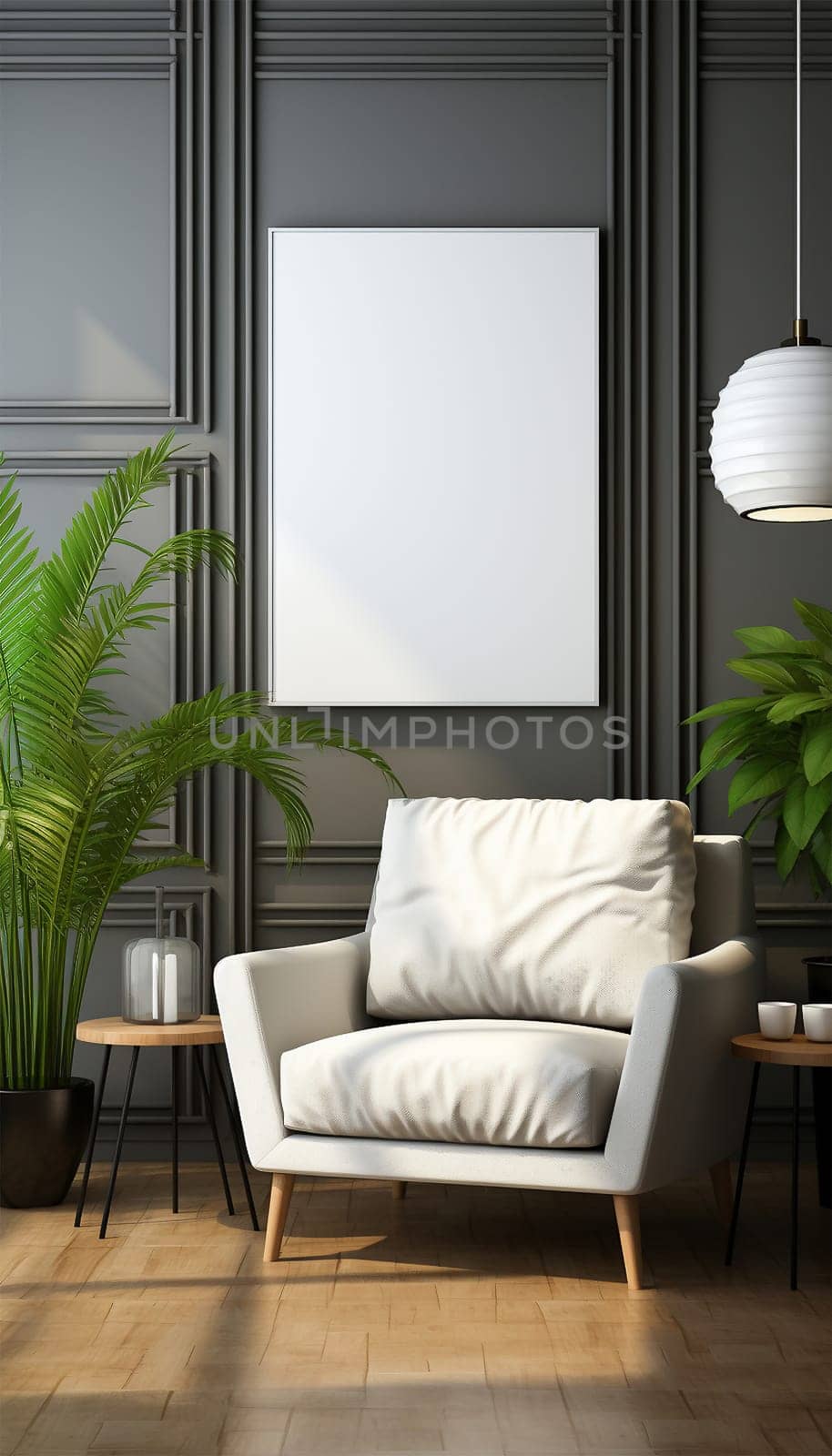 Sitting area Modern living room Mockup poster frame on the wall, a stylish sofa in Scandinavian Livingroom, 3d rendering, 3d illustration copy space. Stylish interior design Space for text