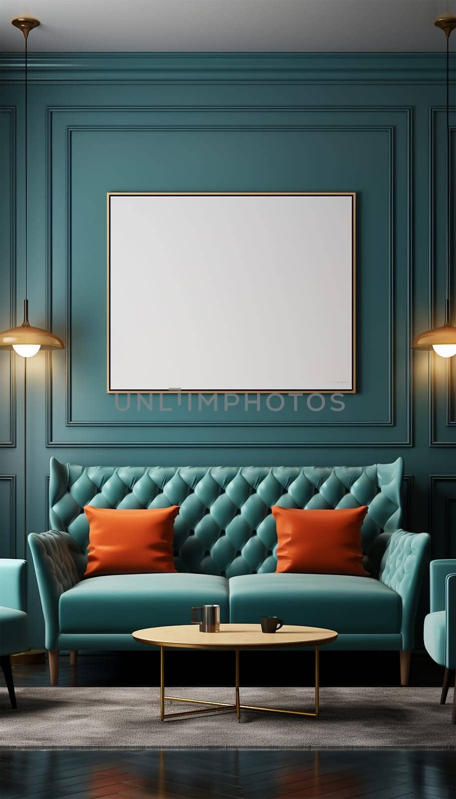 Sitting area Modern living room Mockup poster frame on the wall, a stylish sofa in Scandinavian Livingroom, 3d rendering, 3d illustration copy space. Stylish interior design Space for text