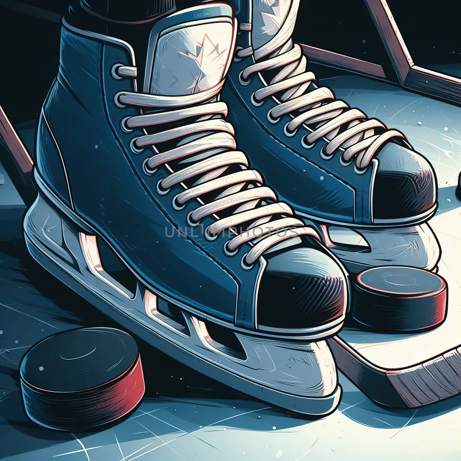 Hockey skates and sticks. Generative AI. High quality illustration