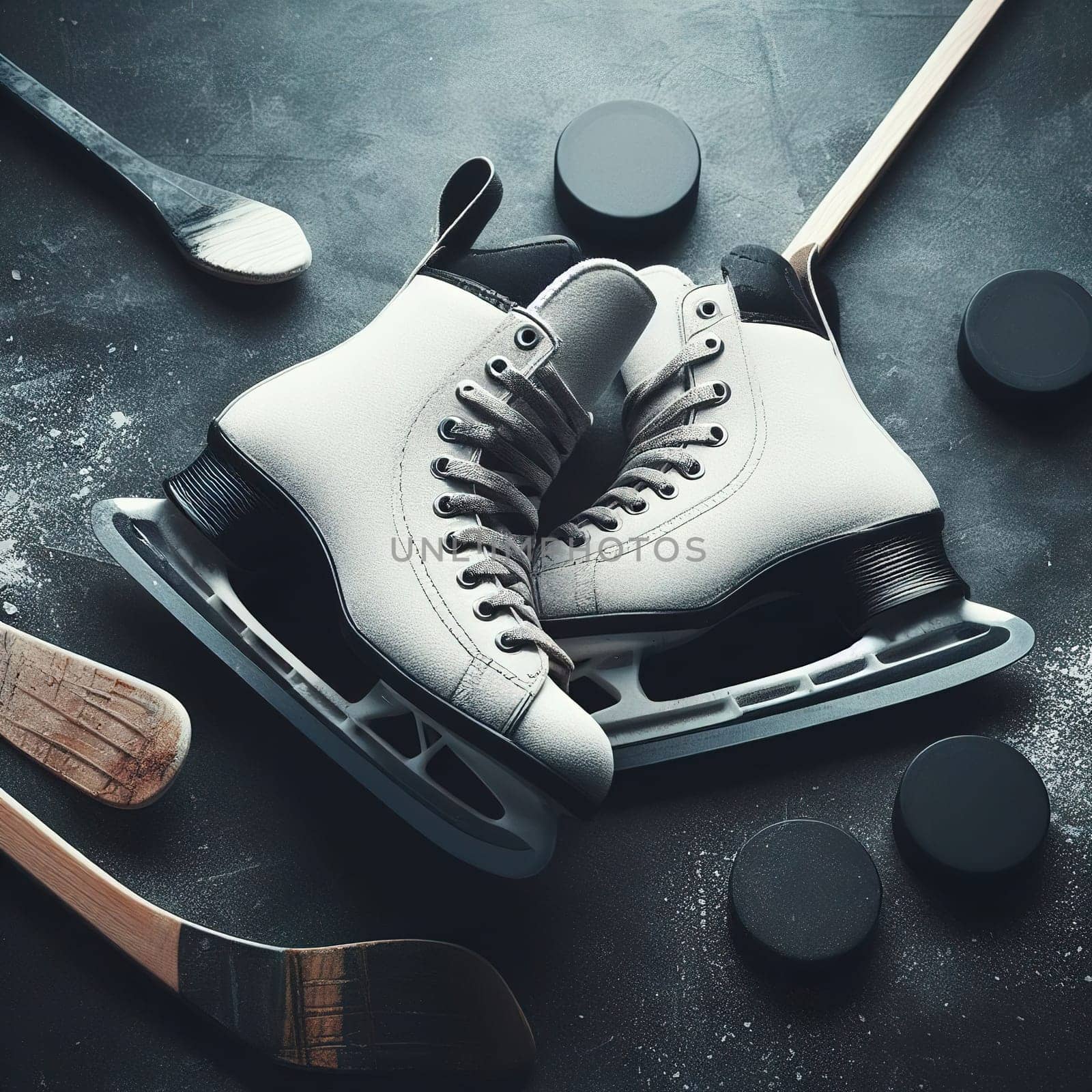 Hockey skates and sticks. Generative AI. High quality illustration