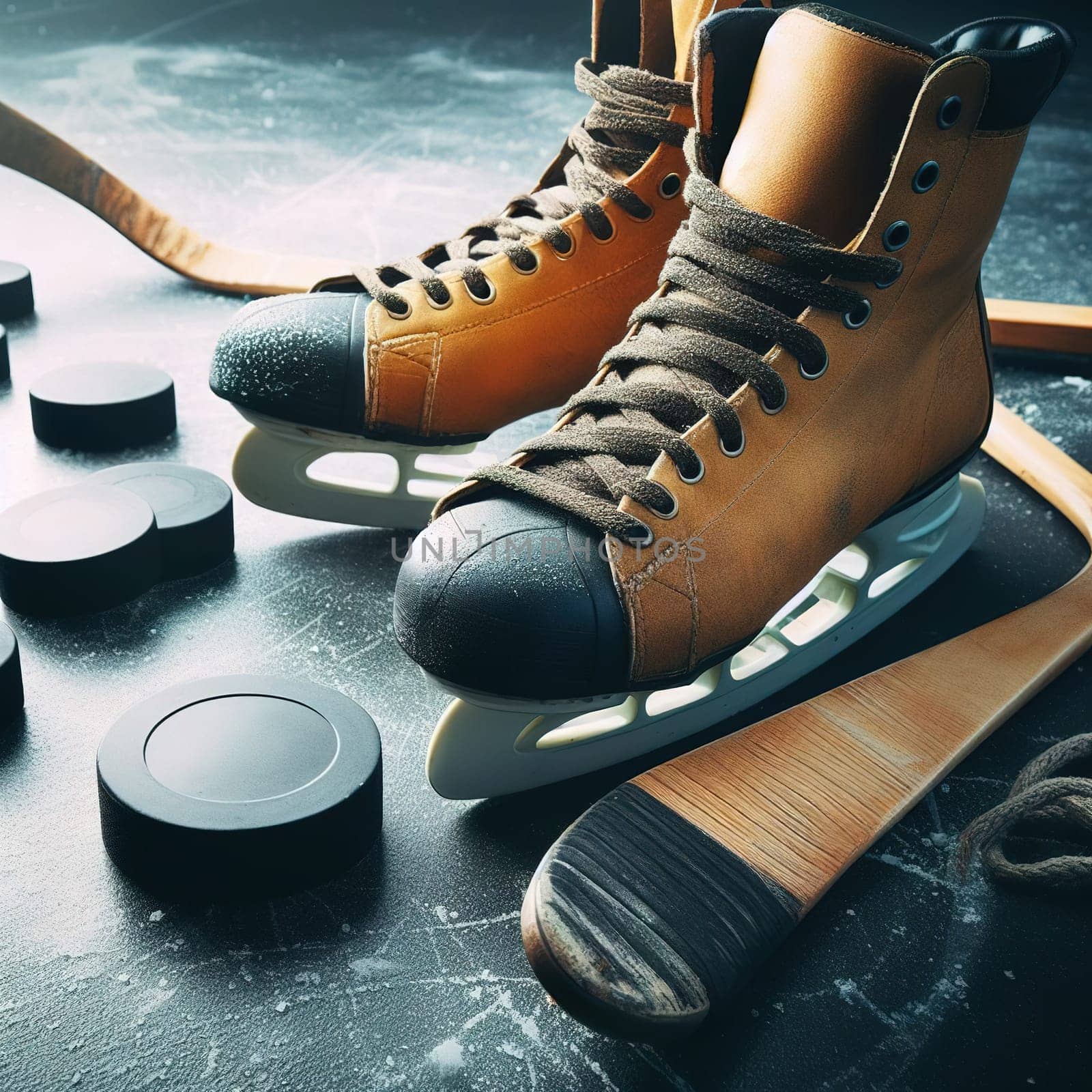 Hockey skates and sticks. Generative AI. High quality illustration