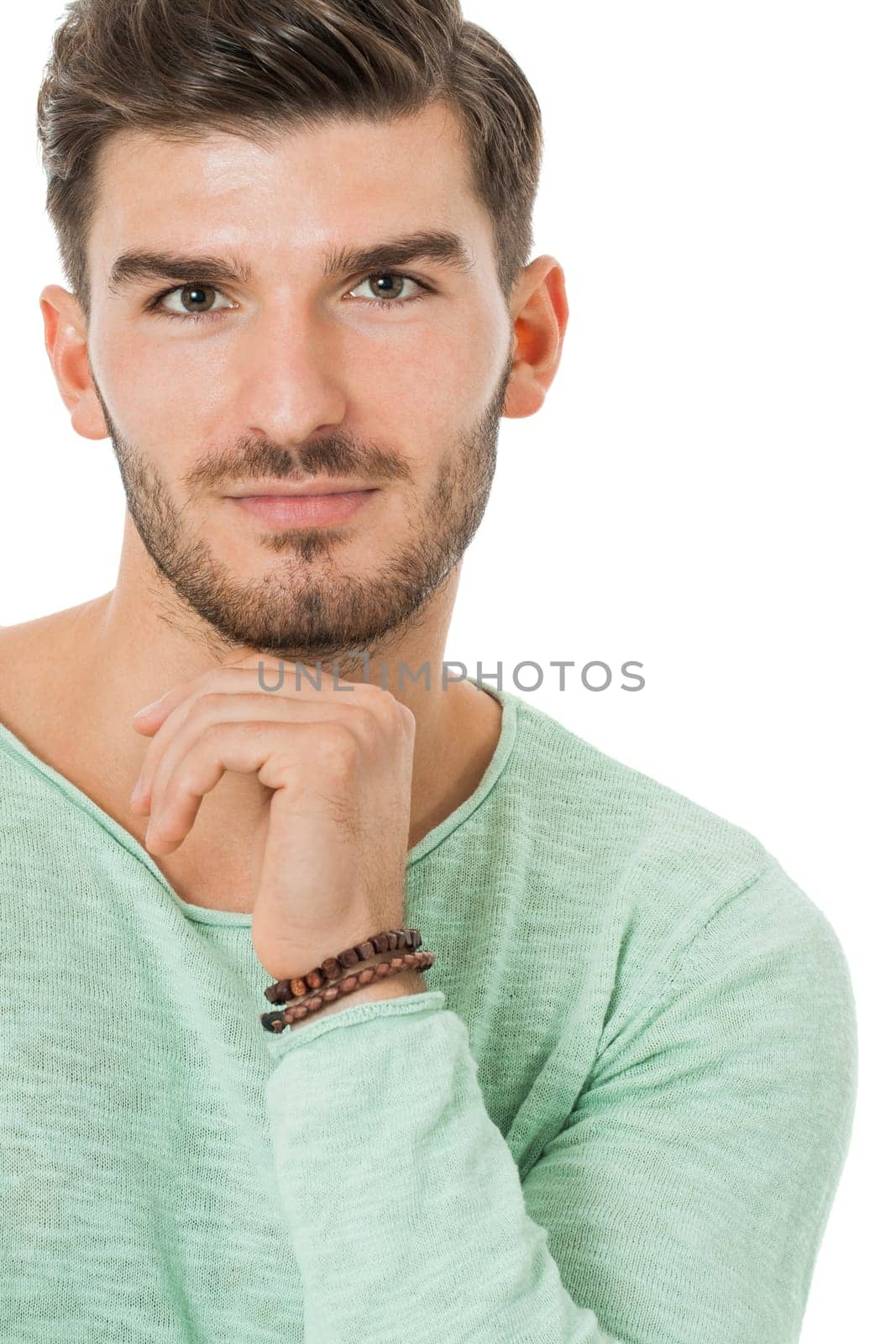 Good looking young man attractive in casual clothes with beard portrait isolated on white background