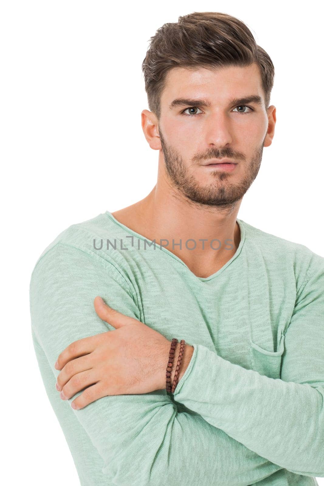 Good looking young man attractive in casual clothes with beard portrait isolated on white background