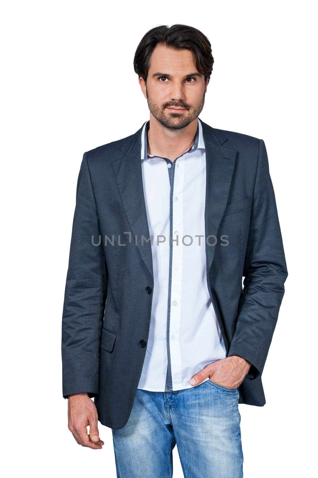 Self-proclaimed man in casual clothes with dark hair and beard isolated against a white background