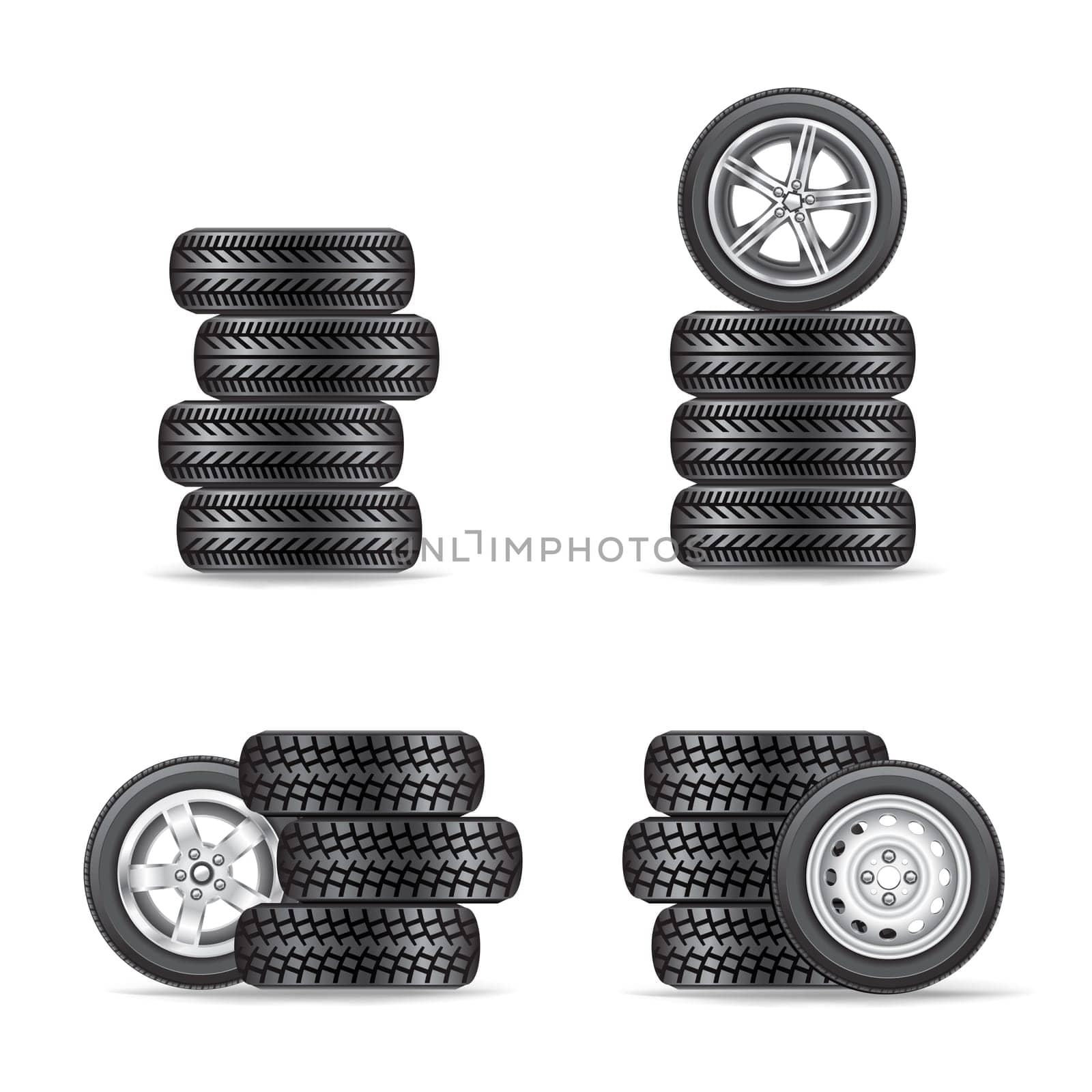 The sets of four wheels on white background