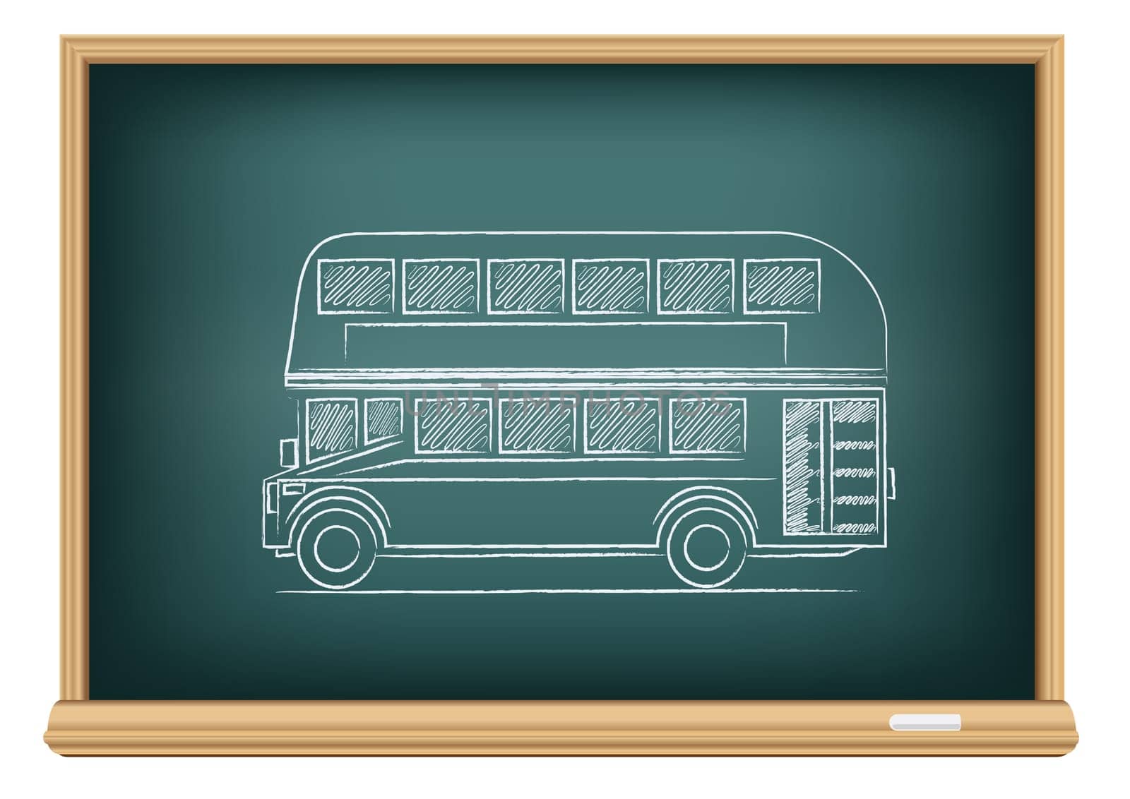 The school blackboard and chalk drawn English bus