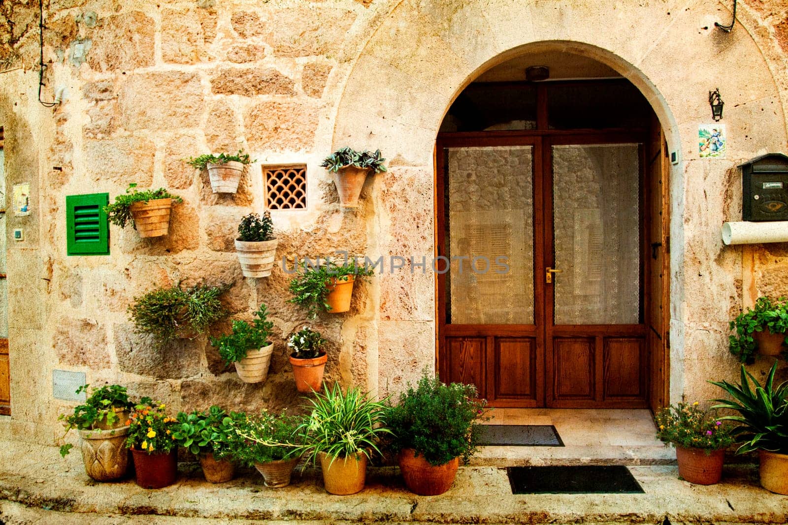 Vintage photo of traditional house in mediterranean village Valldemossa Mallorca, Spain