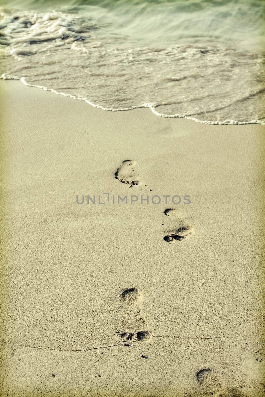 Footsteps in the sand on the beach