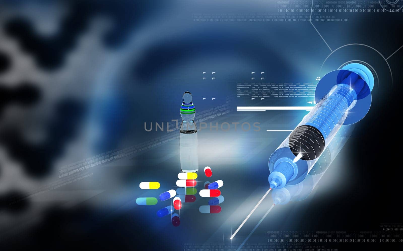 Digital illustration of syringe in colour background