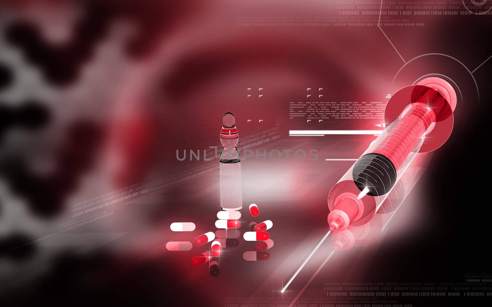Digital illustration of syringe in colour background