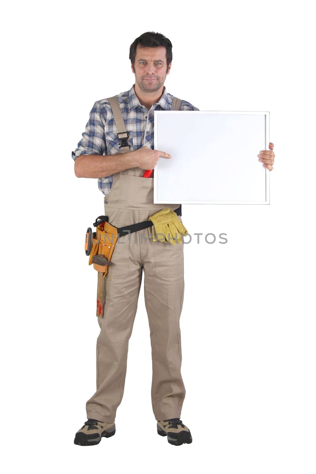 Handyman pointing to poster