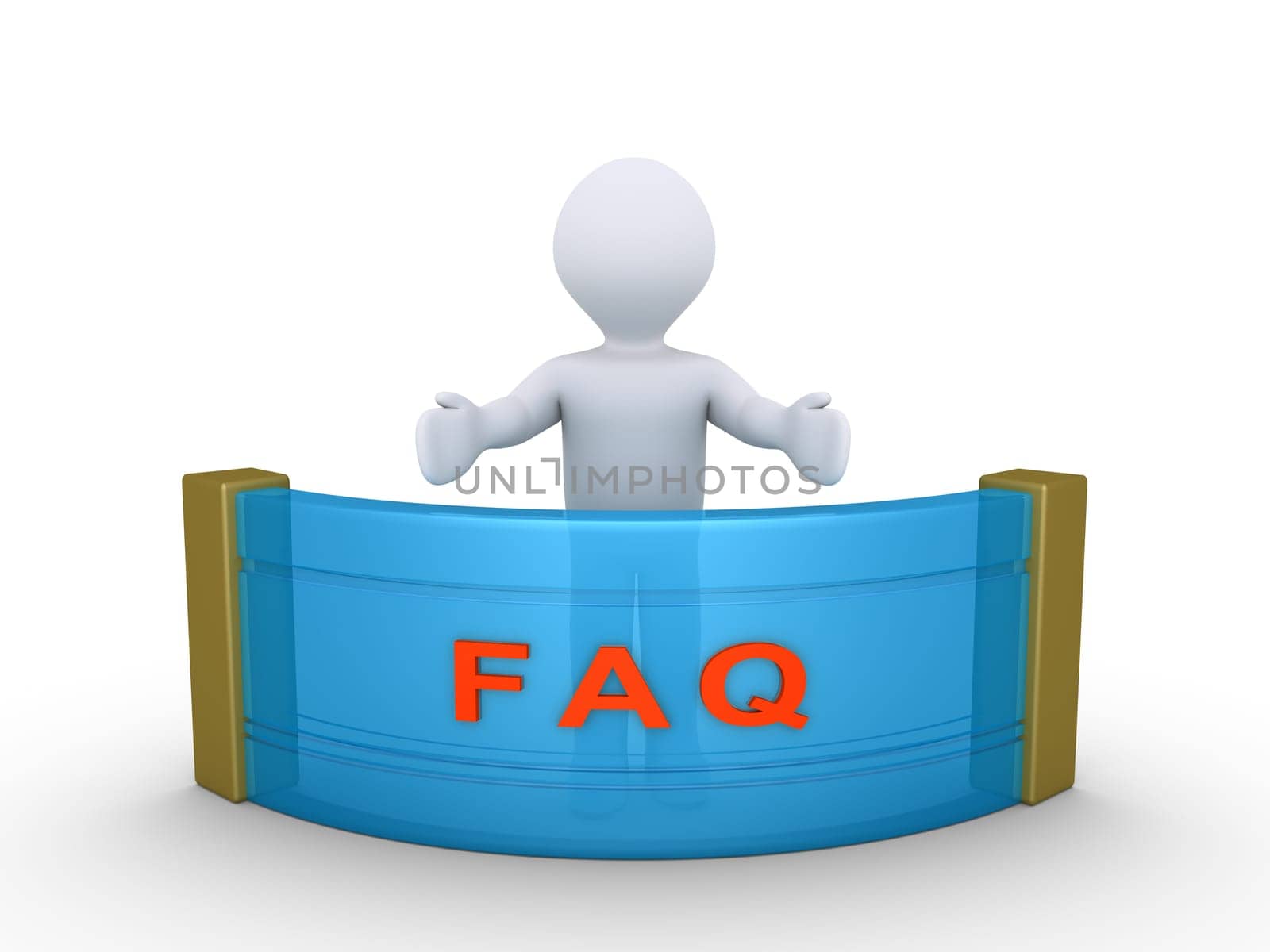 3d person behind a counter with FAQ letters on it