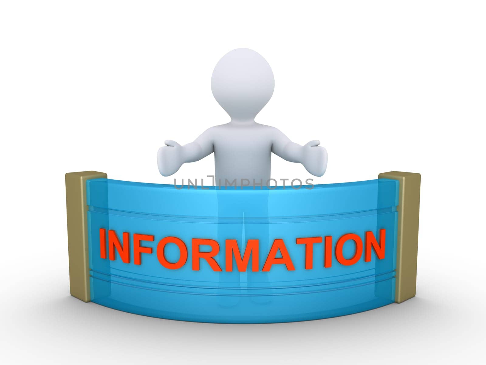 3d person behind a counter with INFORMATION word on it
